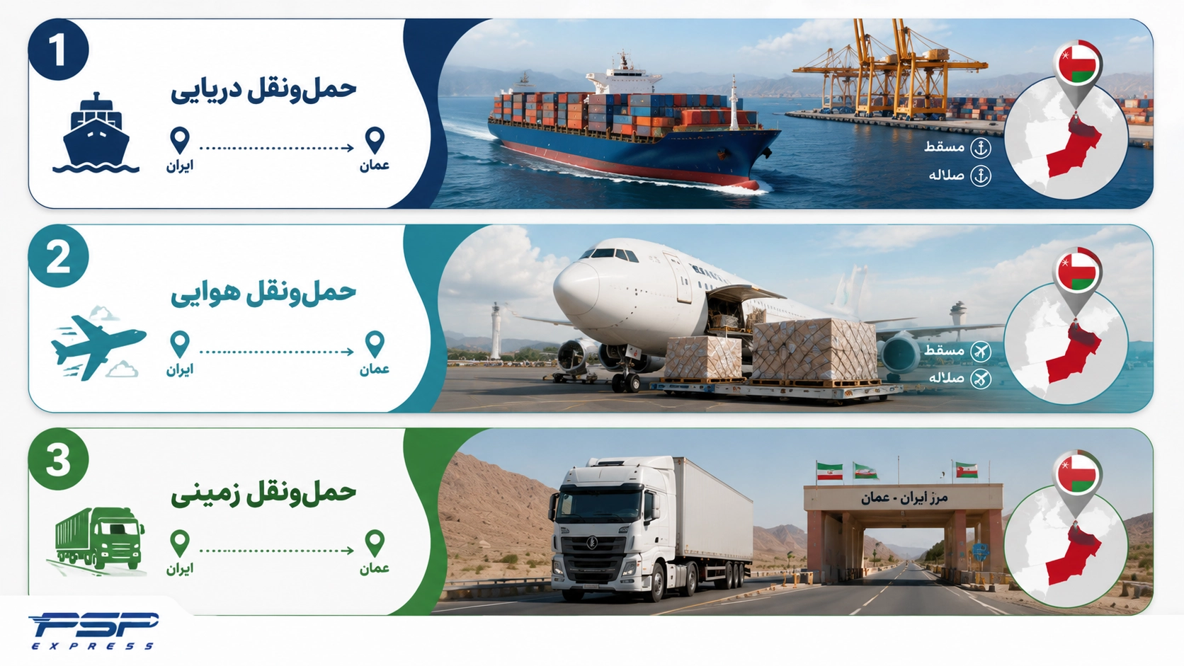 سه روش حمل دریایی، زمینی و هوایی برای صادرات به عمان