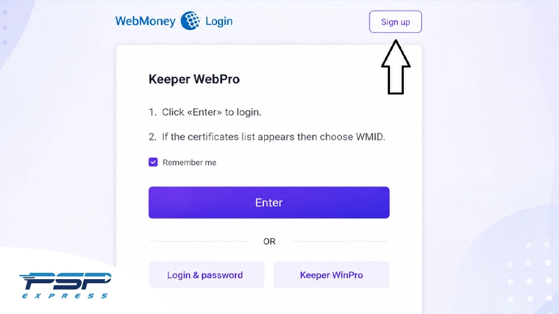 کلیک روی گزینه Sign Up برای ثبتنام در وب مانی